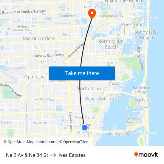 Ne 2 Av & Ne 84 St to Ives Estates map