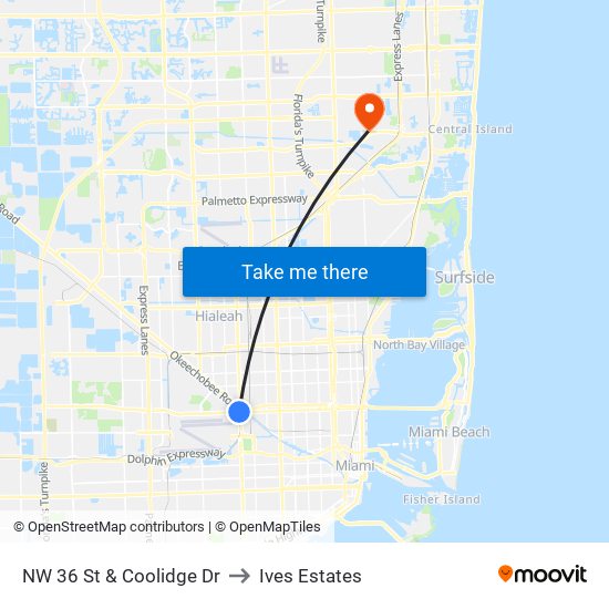 NW 36 St & Coolidge Dr to Ives Estates map