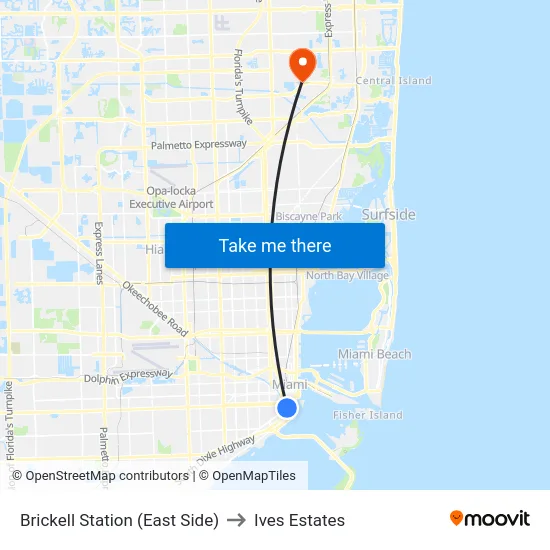 Brickell Station (East Side) to Ives Estates map