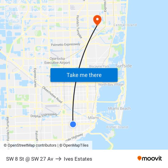 SW 8 St @ SW 27 Av to Ives Estates map