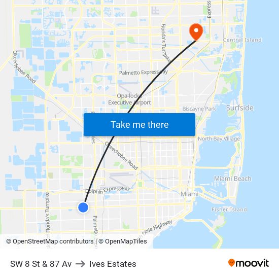 SW 8 St & 87 Av to Ives Estates map