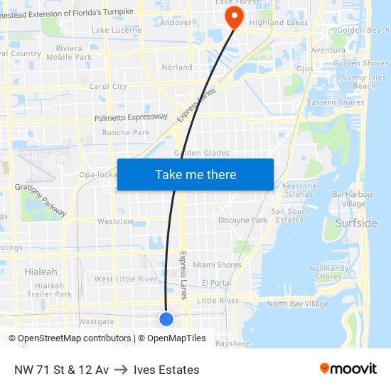 NW 71 St & 12 Av to Ives Estates map