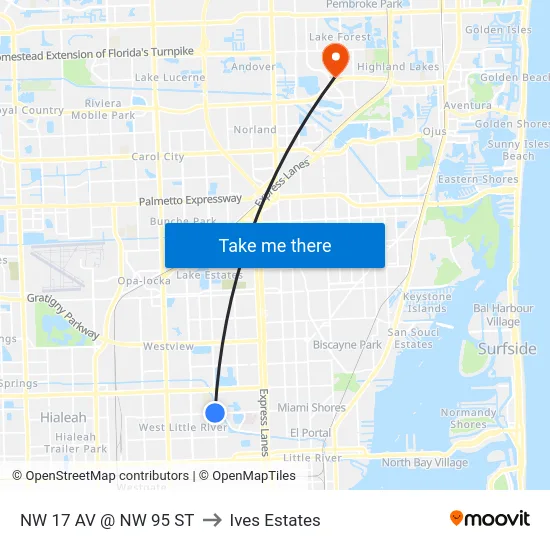 Nw 17 Av @ Nw 95 St to Ives Estates map