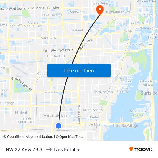 NW 22 Av & 79 St to Ives Estates map