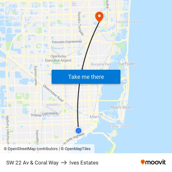 SW 22 Av & Coral Way to Ives Estates map