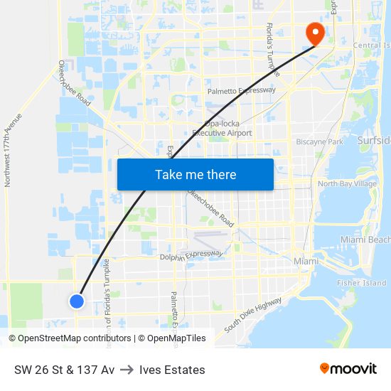 SW 26 St & 137 Av to Ives Estates map