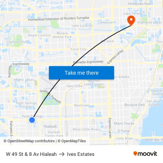 W 49 St & 8 Av Hialeah to Ives Estates map