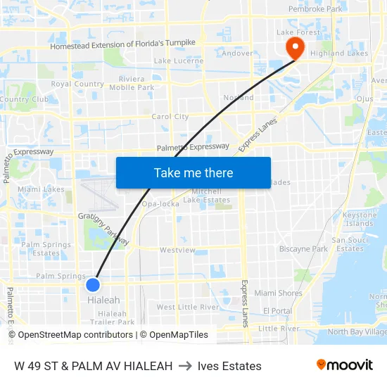 W 49 St & Palm Av Hialeah to Ives Estates map