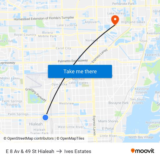 E 8 Av & 49 St Hialeah to Ives Estates map