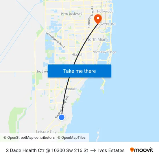 S Dade Health Ctr @ 10300 Sw 216 St to Ives Estates map