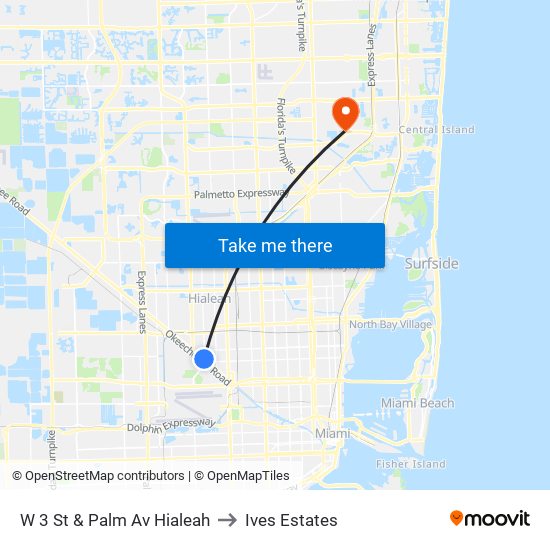 W 3 St & Palm Av Hialeah to Ives Estates map