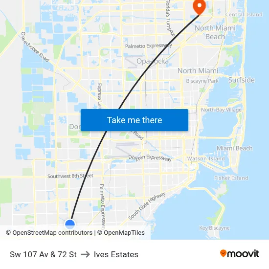 Sw 107 Av & 72 St to Ives Estates map