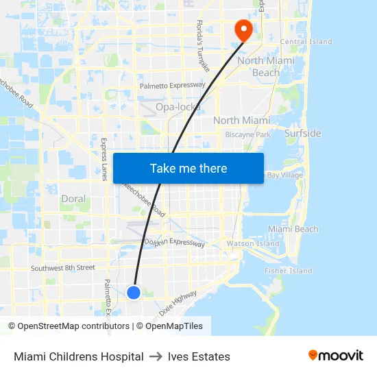 Miami Childrens Hospital to Ives Estates map