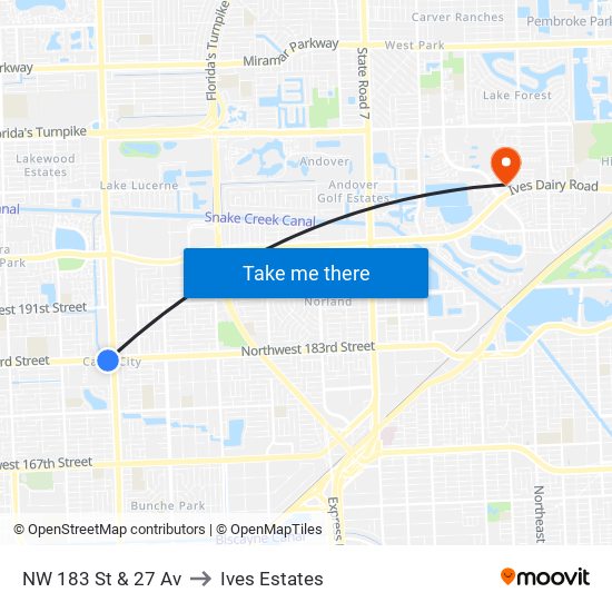 NW 183 St & 27 Av to Ives Estates map