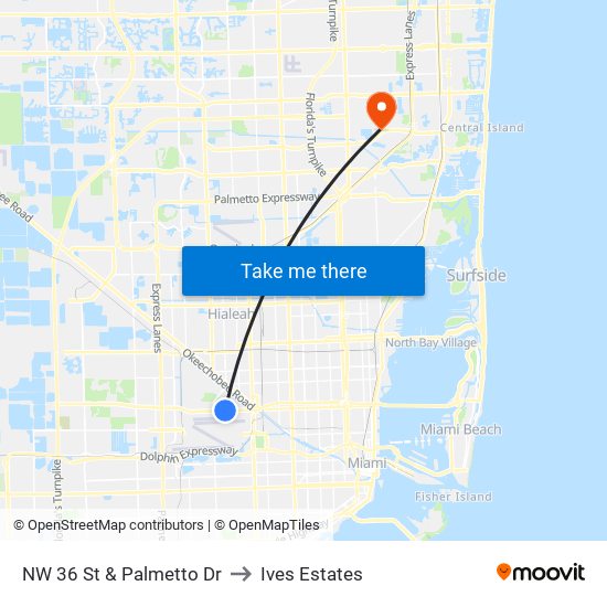 NW 36 St & Palmetto Dr to Ives Estates map