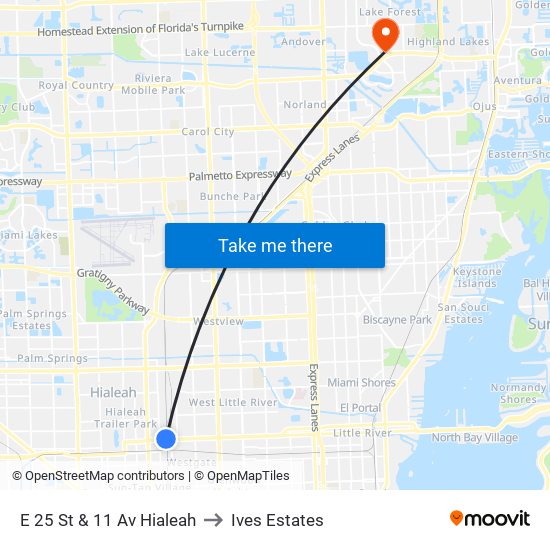 E 25 St & 11 Av Hialeah to Ives Estates map