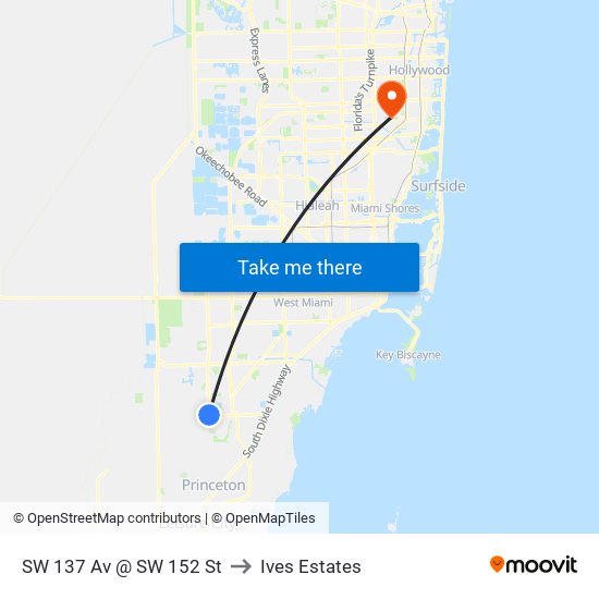 SW 137 Av @ SW 152 St to Ives Estates map