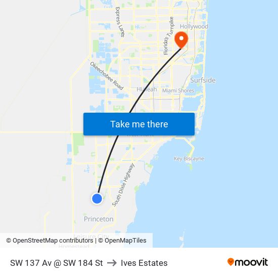 SW 137 Av @ SW 184 St to Ives Estates map