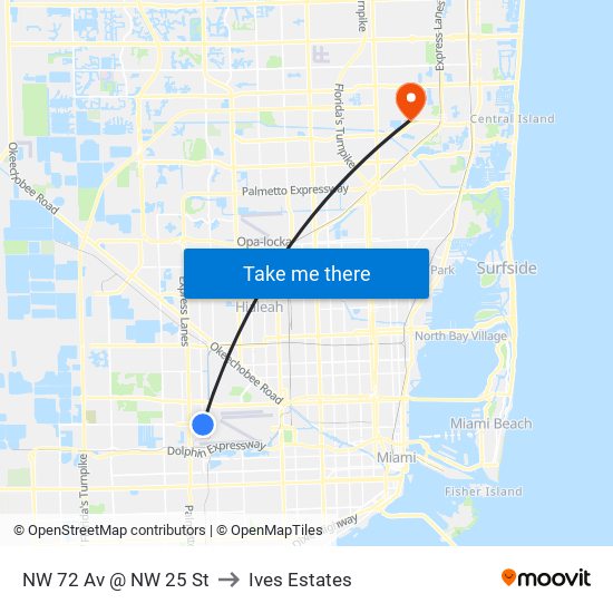 NW 72 Av @ NW 25 St to Ives Estates map