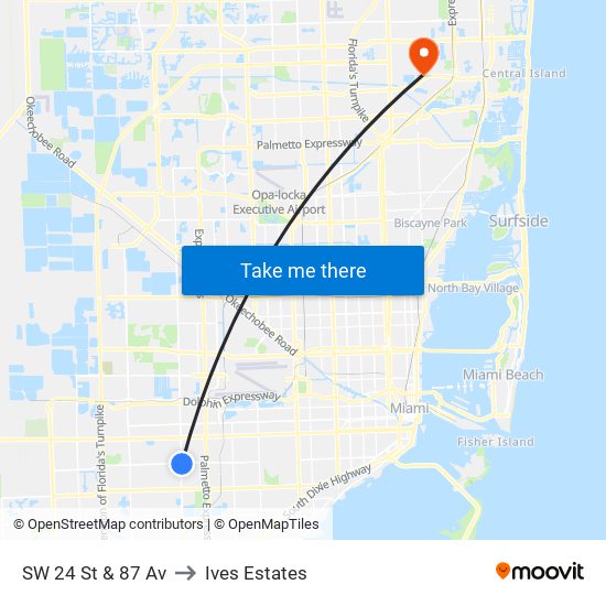 SW 24 St & 87 Av to Ives Estates map