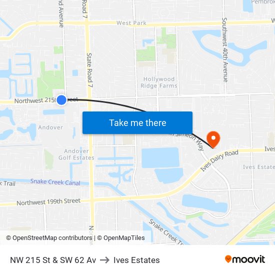 NW 215 St & SW 62 Av to Ives Estates map