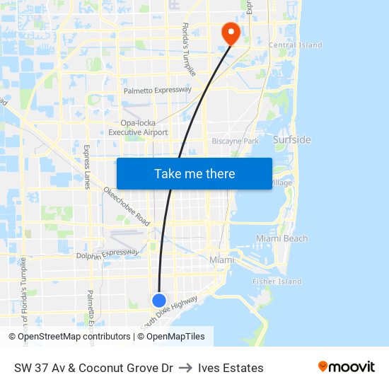 SW 37 Av & Coconut Grove Dr to Ives Estates map