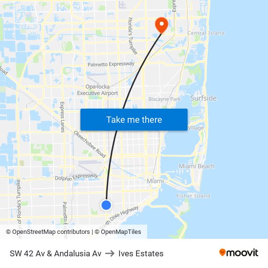 SW 42 Av & Andalusia Av to Ives Estates map