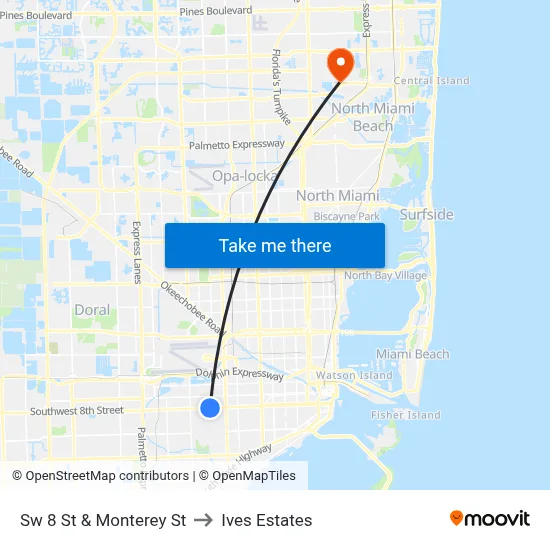 Sw 8 St & Monterey St to Ives Estates map