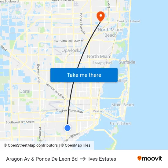 Aragon Av & Ponce De Leon Bd to Ives Estates map