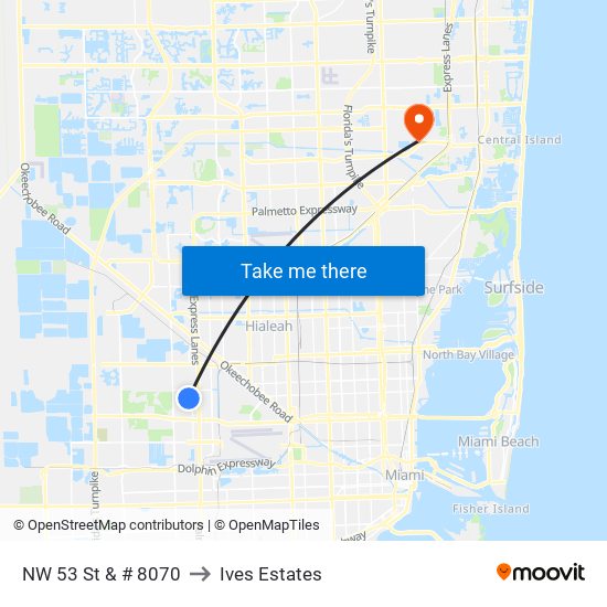 NW 53 St & # 8070 to Ives Estates map