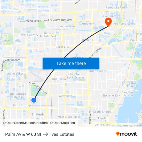 Palm Av & W 60 St to Ives Estates map