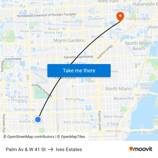 Palm Av & W 41 St to Ives Estates map