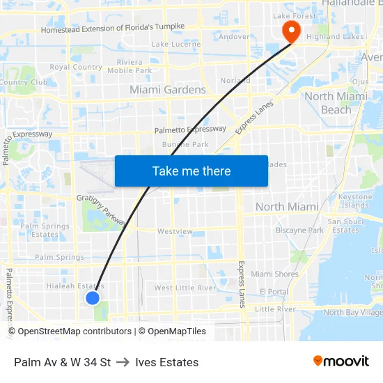 Palm Av & W 34 St to Ives Estates map