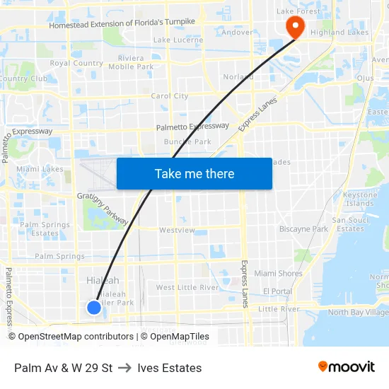 Palm Av & W 29 St to Ives Estates map