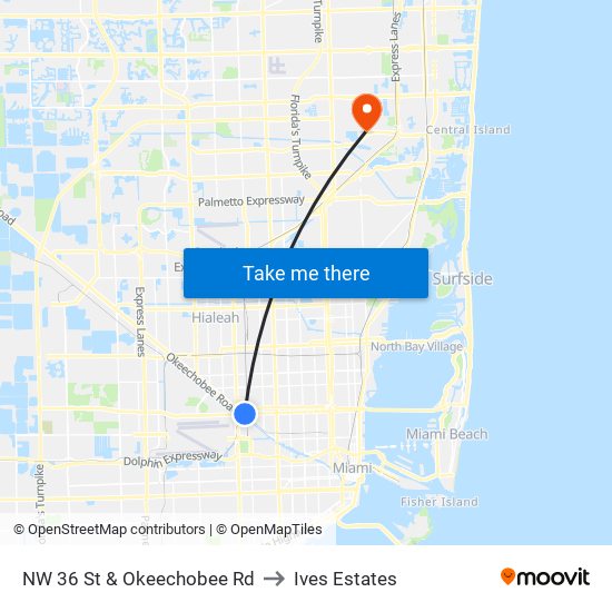 NW 36 St & Okeechobee Rd to Ives Estates map