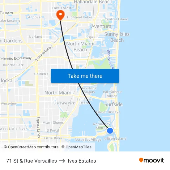 71 St & Rue Versailles to Ives Estates map