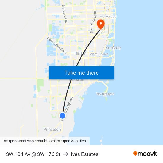SW 104 Av @ SW 176 St to Ives Estates map