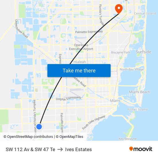 SW 112 Av & SW 47 Te to Ives Estates map