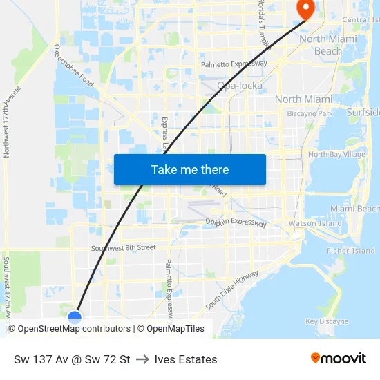 Sw 137 Av @ Sw 72 St to Ives Estates map