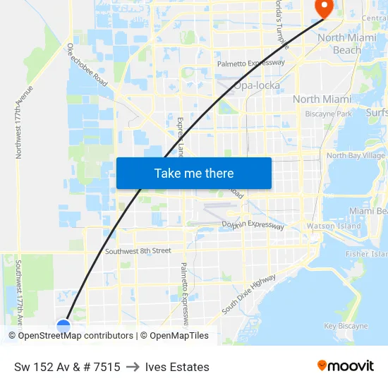 Sw 152 Av & # 7515 to Ives Estates map