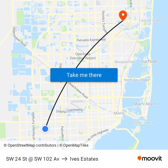 SW 24 St @ SW 102 Av to Ives Estates map