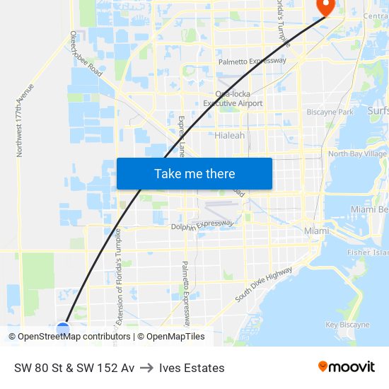 SW 80 St & SW 152 Av to Ives Estates map