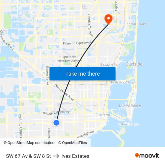 SW 67 Av & SW 8 St to Ives Estates map