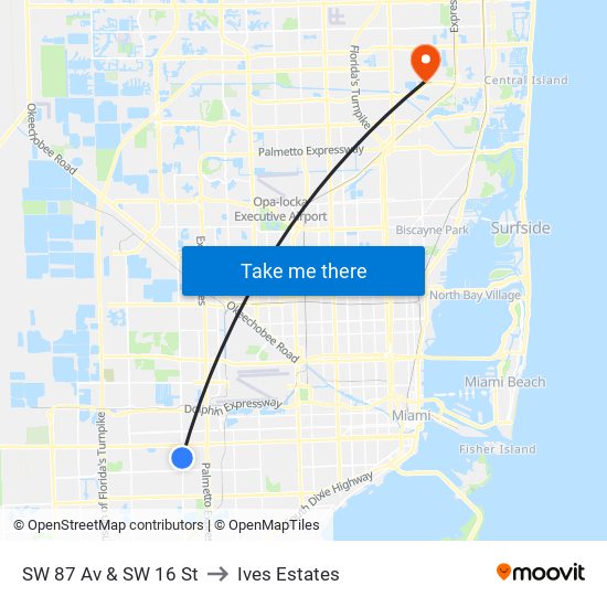 SW 87 Av & SW 16 St to Ives Estates map