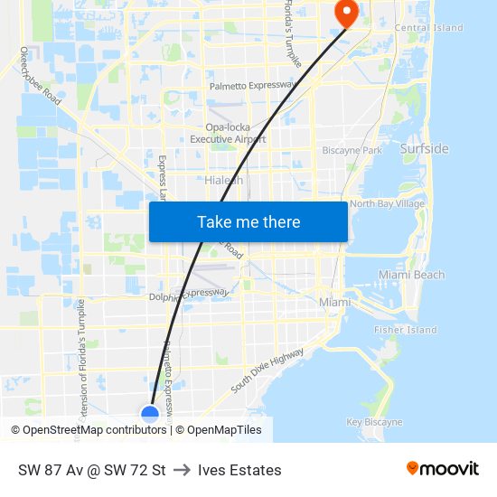 SW 87 Av @ SW 72 St to Ives Estates map