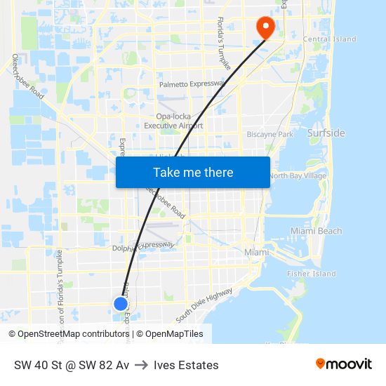 SW 40 St @ SW 82 Av to Ives Estates map