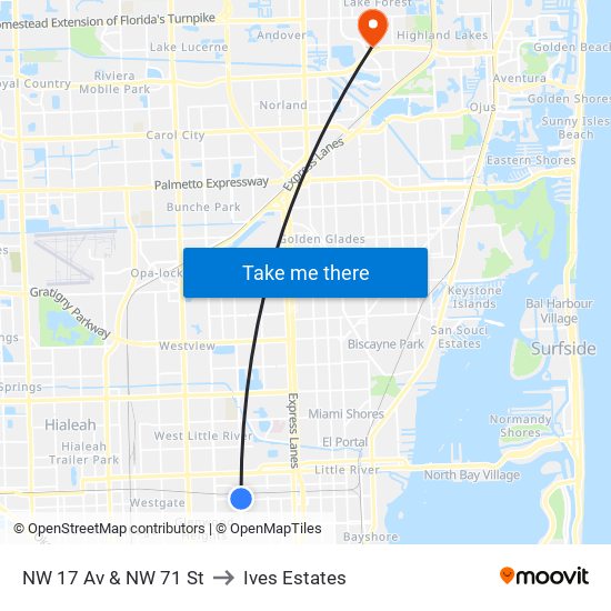 NW 17 Av & NW 71 St to Ives Estates map