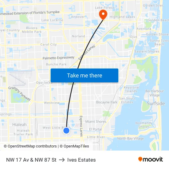 NW 17 AV & NW 87 ST to Ives Estates map