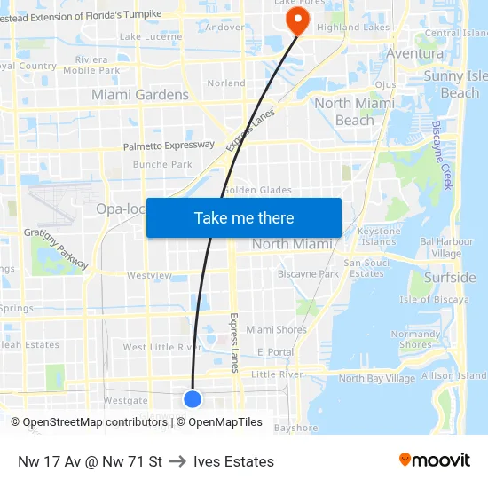Nw 17 Av @ Nw 71 St to Ives Estates map