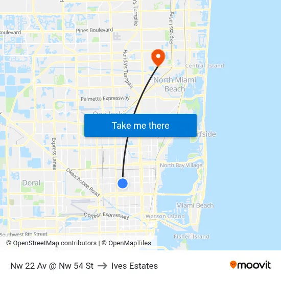 Nw 22 Av @ Nw 54 St to Ives Estates map